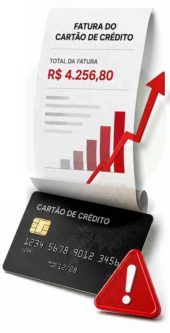 Ilustração de uma fatura subindo com cartão e alerta vermelho